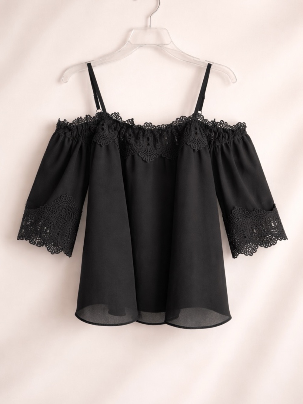 Fortune + Ivy Black Lace Off Shoulder Blouse | Romantic Chic Size: Large - Picture 2 of 4